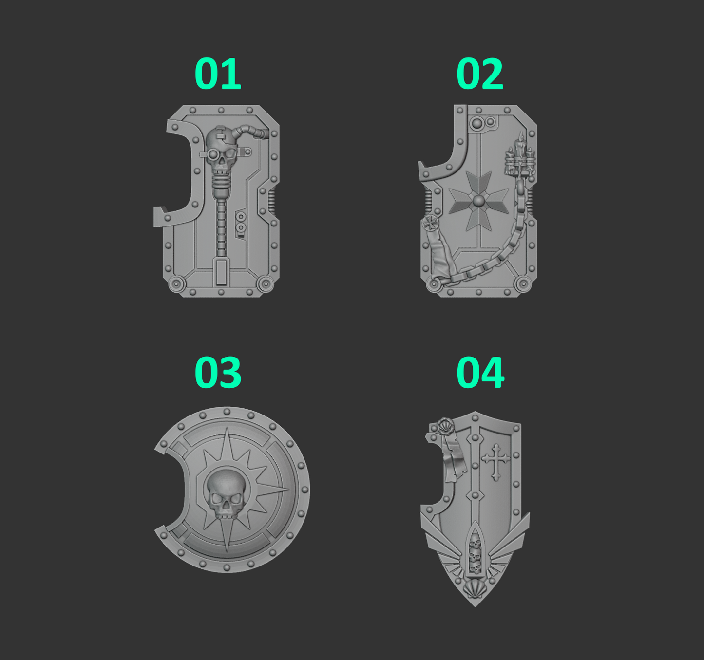 Breacher Shields Pack of Five in Four Different Styles For Sci Fi Battle Brother Space Warrior Marines Eternal Pilgrims by Greytide Studios. Available in Modern and Classic Scale for 28mm-32mm Tabletop Wargaming