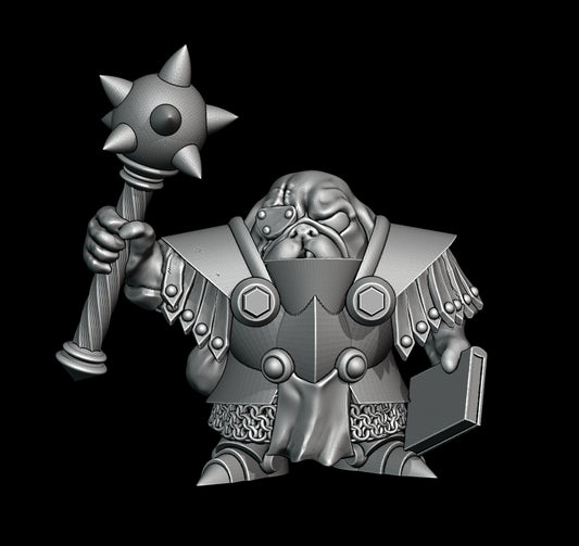 Dog-Person Pug (small) Cleric, Paladin and Holy Fighter With Book Mace and Eyepatch Sculpted by Trench Coat Minis for Tabletop Games, Dioramas and Statues, Available in 15mm, 28mm, 32mm, 32mm heroic, 54mm and 75mm Statue Scale