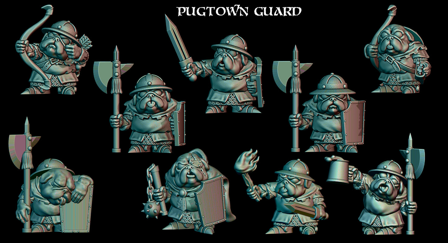 Dog-Person Pug (small) Town Guard Fighters Sculpted by Trench Coat Minis for Tabletop Games, Dioramas and Statues, Available in 15mm, 28mm, 32mm, 32mm heroic, 54mm and 75mm Statue Scale