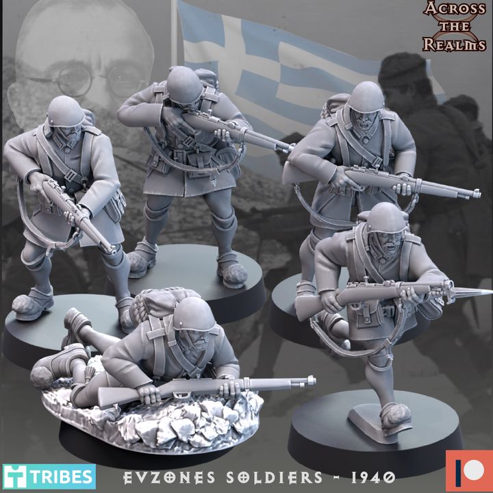 WW2 Greek Infantry Evzonas Soldiers in the Epic of 1940 by Across the Realms for Tabletop Games, Dioramas and Statues, Available in 12mm, 15mm, 20mm, 28mm, 32mm, 32mm heroic, 54mm and 75mm Statue Scale