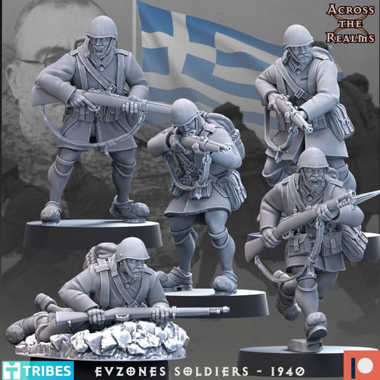 WW2 Greek Infantry Evzonas Soldiers in the Epic of 1940 by Across the Realms for Tabletop Games, Dioramas and Statues, Available in 12mm, 15mm, 20mm, 28mm, 32mm, 32mm heroic, 54mm and 75mm Statue Scale