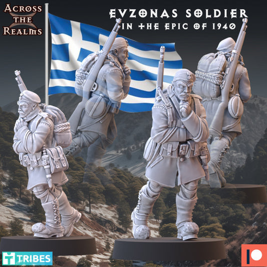 WW2 Greek Infantry Evzonas Soldier in the Epic of 1940 by Across the Realms for Tabletop Games, Dioramas and Statues, Available in 12mm, 15mm, 20mm, 28mm, 32mm, 32mm heroic, 54mm and 75mm Statue Scale