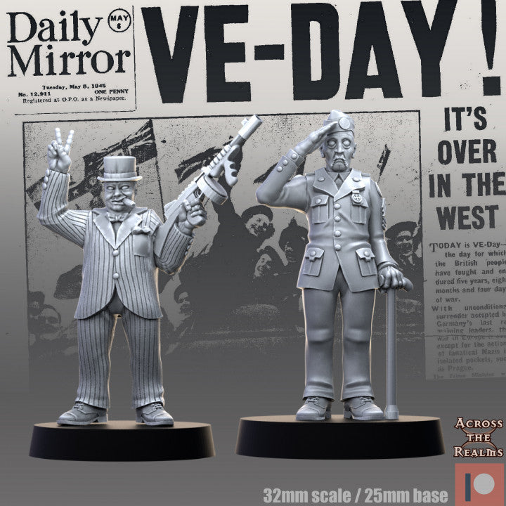 Victory in Europe Day (VE Day) Churchill With Tommy Gun and Veteran by Across the Realms for Tabletop Games, Dioramas and Statues, Available in 15mm, 28mm, 32mm, 32mm heroic, 54mm and 75mm Statue Scale