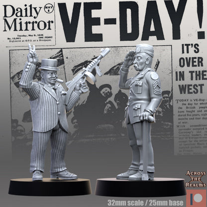 Victory in Europe Day (VE Day) Churchill With Tommy Gun and Veteran by Across the Realms for Tabletop Games, Dioramas and Statues, Available in 15mm, 28mm, 32mm, 32mm heroic, 54mm and 75mm Statue Scale