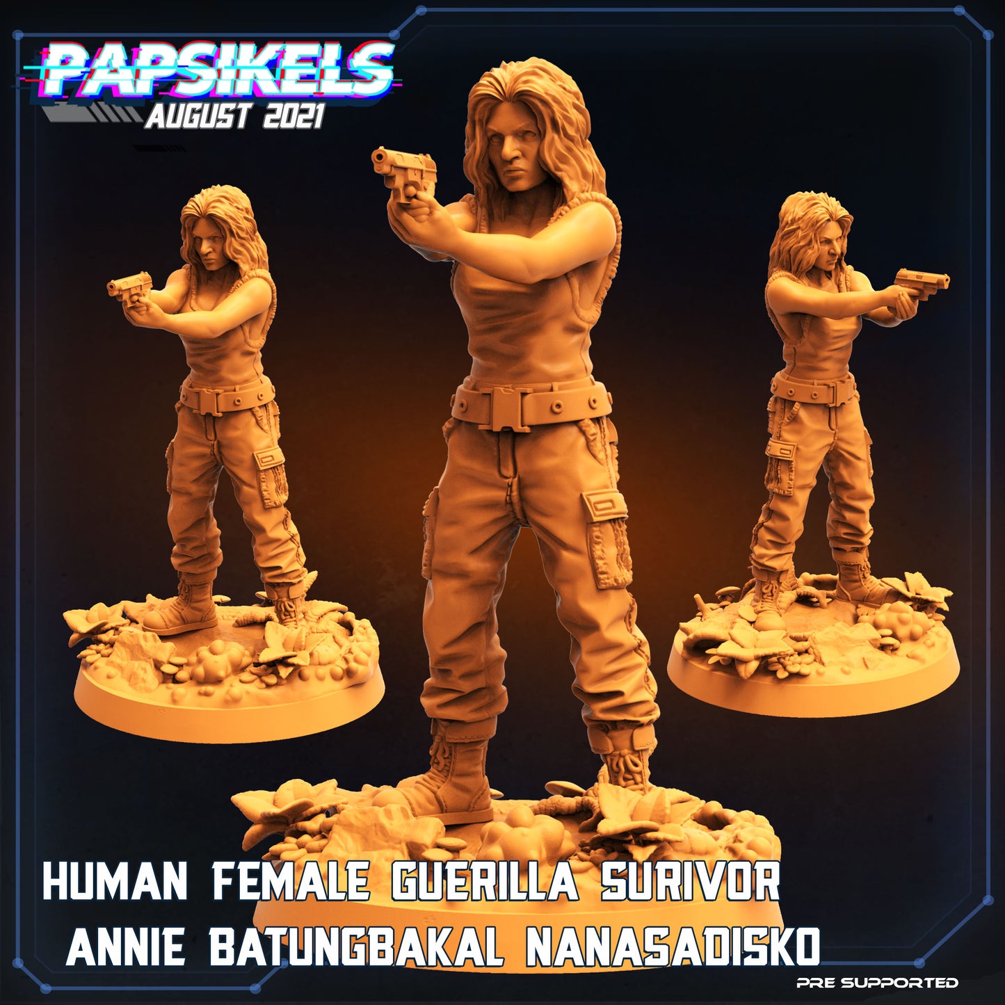 Human female Guerilla Survivor Annie Batungbakal Nanasadisko Modern Human Solder Sculpted by Papsikels, Print Available in 28mm, 32mm, 40mm original, 54mm and 75mm Statue Scale