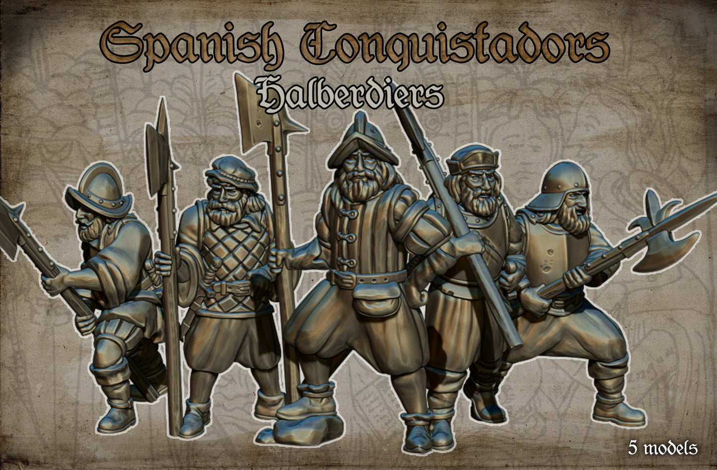 Spanish Conquistadors Halberders Historical and Fantasy Wargaming Sculpted by Red Copper Miniatures for Tabletop Games, Dioramas and Statues, Available in 15mm, 20mm, 28mm, 32mm, 54mm and 75mm Statue Scale