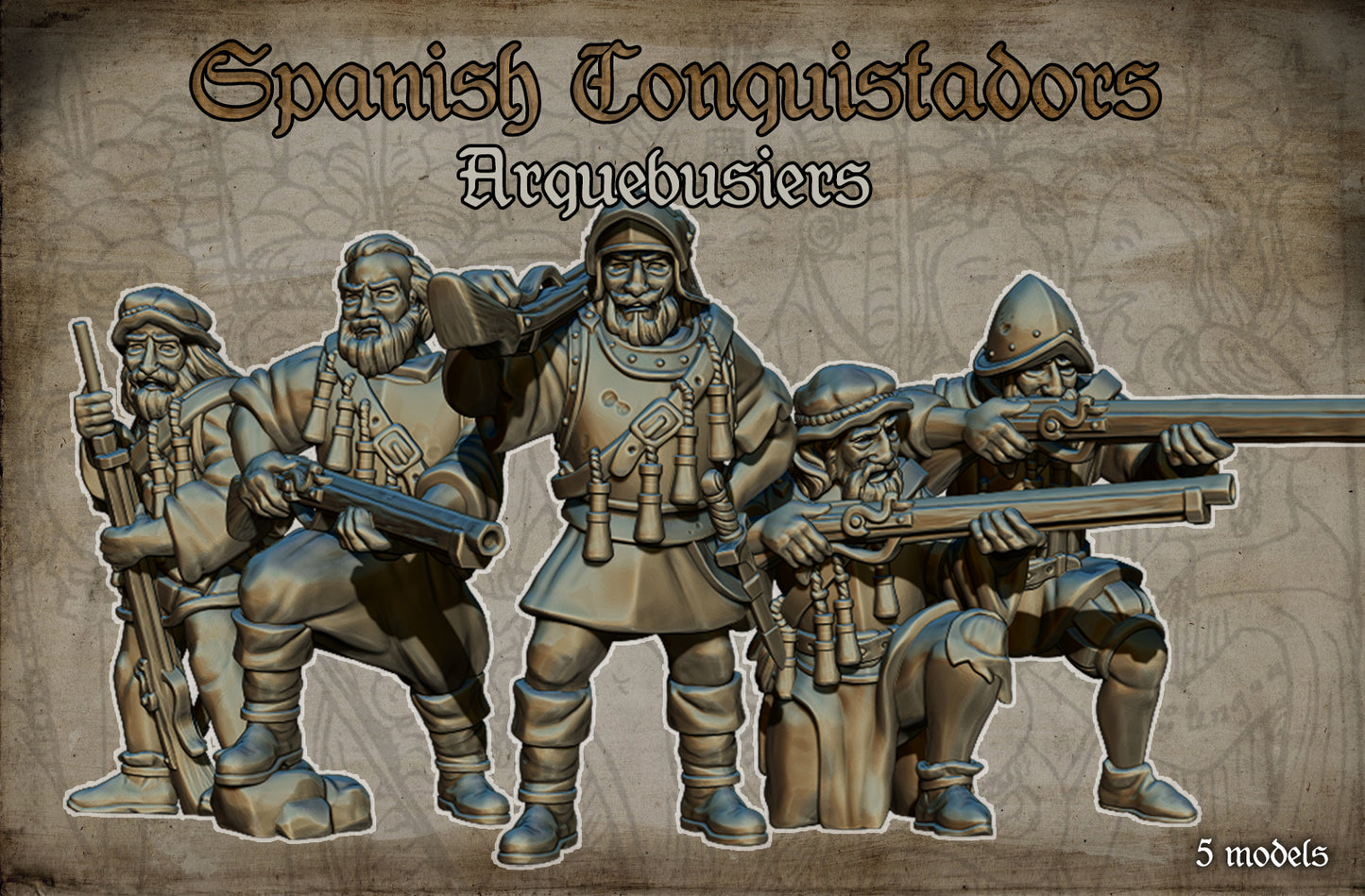 Spanish Conquistadors Arquebus Handgunners Historical and Fantasy Wargaming Sculpted by Red Copper Miniatures for Tabletop Games, Dioramas and Statues, Available in 15mm, 20mm, 28mm, 32mm, 54mm and 75mm Statue Scale