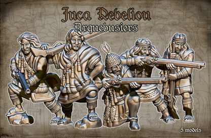 Incan Rebels Harquebus Handgunners Historical and Fantasy Wargaming Sculpted by Red Copper Miniatures for Tabletop Games, Dioramas and Statues, Available in 15mm, 20mm, 28mm, 32mm, 54mm and 75mm Statue Scale