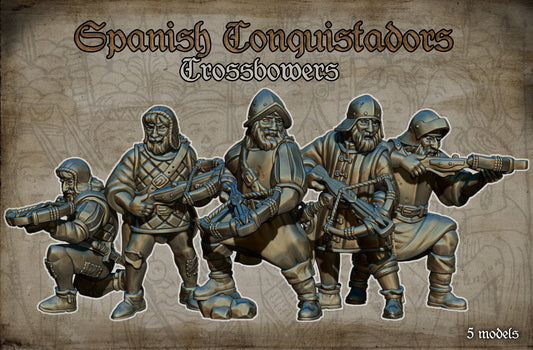 Spanish Conquistadors Crossbowmen Historical and Fantasy Wargaming Sculpted by Red Copper Miniatures for Tabletop Games, Dioramas and Statues, Available in 15mm, 20mm, 28mm, 32mm, 54mm and 75mm Statue Scale