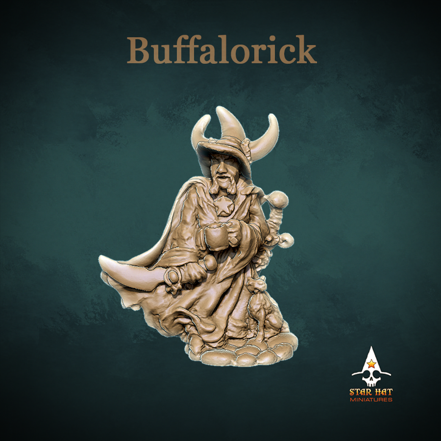 Buffalorick Human Mage with Dagger and Wizard Pet Drinking from Mug Sculpted by Star Hat Miniatures for Tabletop Games, Dioramas and Statues, Available in 15mm, 28mm, 32mm, 32mm heroic, 54mm and 75mm Statue Scale