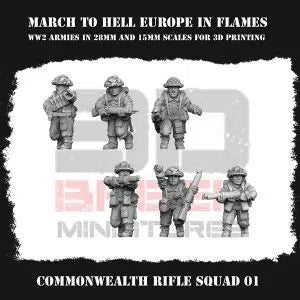 Commonwealth Britain WW2 Rifleman Squad #1 3DBreeds March to Hell Range for Tabletop Games, Dioramas and Statues, Available in 15mm, 20mm, 28mm, 32mm, 32mm heroic, 54mm and 75mm Statue Scale