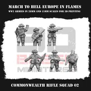 Commonwealth Britain WW2 Rifleman Squad #2 3DBreeds March to Hell Range for Tabletop Games, Dioramas and Statues, Available in 15mm, 20mm, 28mm, 32mm, 32mm heroic, 54mm and 75mm Statue Scale