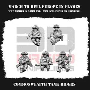 Commonwealth British WW2 Tank Riders From 3DBreeds March to Hell Range for Tabletop Games, Dioramas and Statues, Available in 15mm, 20mm, 28mm, 32mm, 32mm heroic, 54mm and 75mm Scale