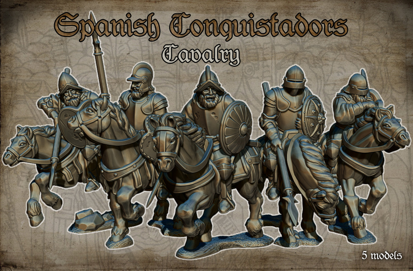 Spanish Conquistadors Lance and Shield Cavalry Historical and Fantasy Wargaming Sculpted by Red Copper Miniatures for Tabletop Games, Dioramas and Statues, Available in 15mm, 20mm, 28mm, 32mm, 54mm and 75mm Statue Scale