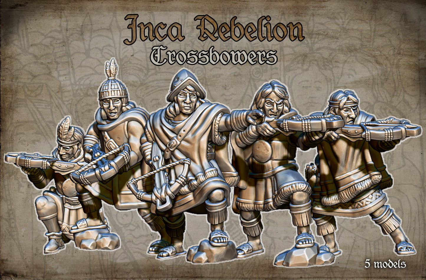 Inca Rebel Crossbowmen Historical and Fantasy Wargaming Sculpted by Red Copper Miniatures for Tabletop Games, Dioramas and Statues, Available in 15mm, 20mm, 28mm, 32mm, 54mm and 75mm Statue Scale