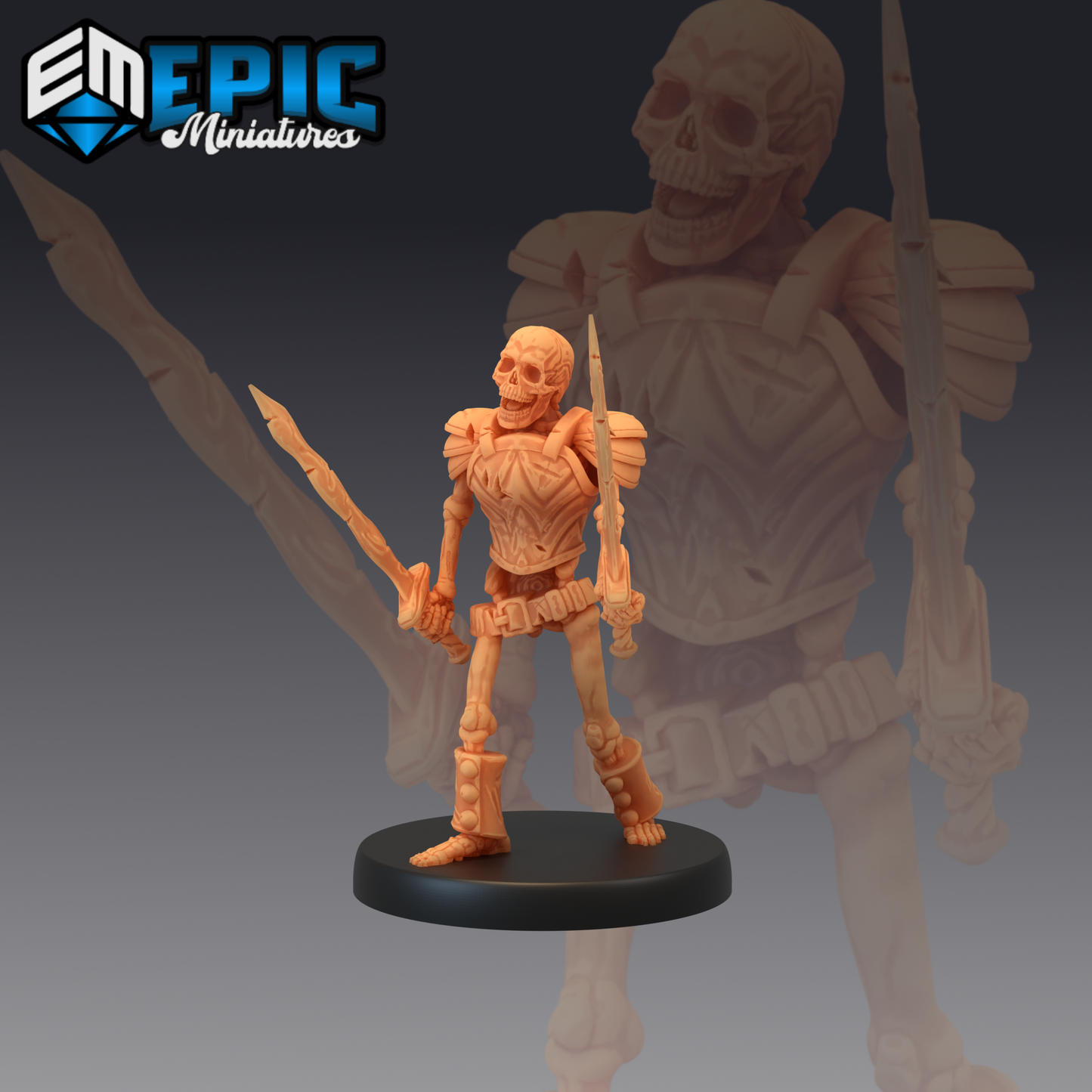Dual Sword Skeleton Undead Hero and Fighter #4 by Epic Miniatures and Available in 28mm, 32mm and Heroic, 54mm and 75mm scale!