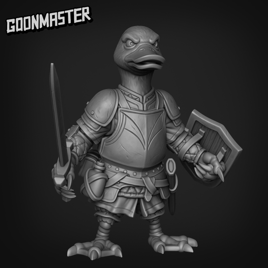 Duck Sell Sword 1A Duck-Folk, Aarakocra Khanard Fantasy Style Knight, Fighter and Paladin by Goonmaster Games for Tabletop Games, Dioramas and Statues, Available in 15mm, 28mm, 32mm, 32mm heroic, 54mm and 75mm Statue Scale