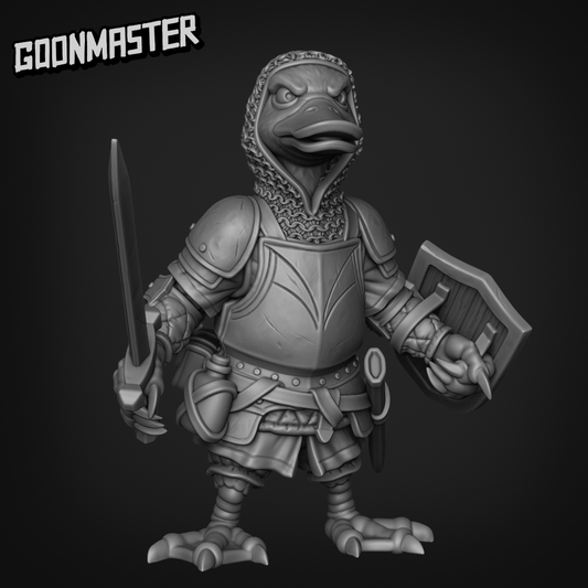 Duck Sell Sword 1B Duck-Folk, Aarakocra Khanard Fantasy Style Knight, Fighter and Paladin by Goonmaster Games for Tabletop Games, Dioramas and Statues, Available in 15mm, 28mm, 32mm, 32mm heroic, 54mm and 75mm Statue Scale