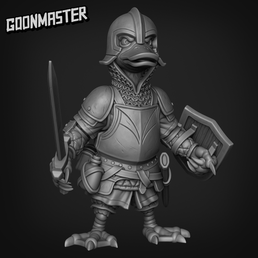 Duck Sell Sword 1C Duck-Folk, Aarakocra Khanard Fantasy Style Knight, Fighter and Paladin by Goonmaster Games for Tabletop Games, Dioramas and Statues, Available in 15mm, 28mm, 32mm, 32mm heroic, 54mm and 75mm Statue Scale