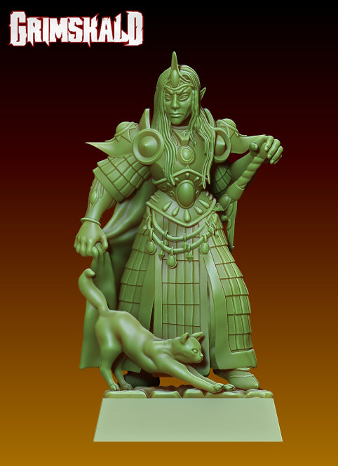 Elf Sworsdmen Prince of High Elves with Two Handed Sword and Cat by Grimskald Games for Tabletop Games, Dioramas and Statues, Available in 15mm, 28mm, 32mm, 32mm heroic, 54mm and 75mm Statue Scale