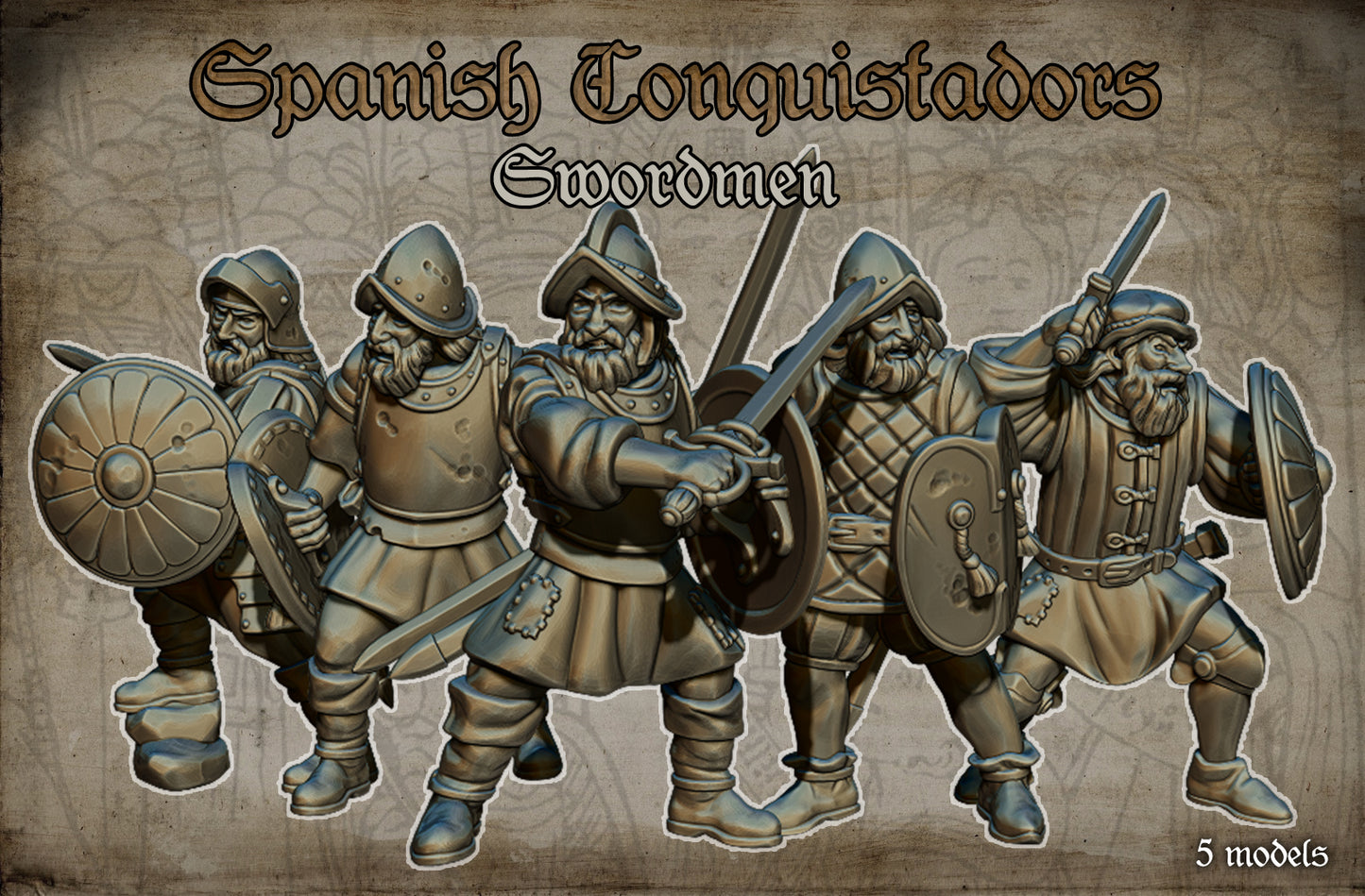 Spanish Conquistadors Swordsmen Historical and Fantasy Wargaming Sculpted by Red Copper Miniatures for Tabletop Games, Dioramas and Statues, Available in 15mm, 20mm, 28mm, 32mm, 54mm and 75mm Statue Scale