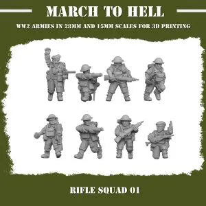 British Commonwealth Rifle Squad #1 3DBreeds March to Hell Range for Tabletop Games, Dioramas and Statues, Available in 15mm, 20mm, 28mm, 32mm, 32mm heroic, 54mm and 75mm Statue Scale