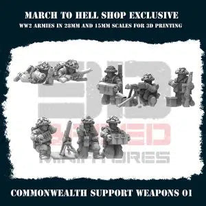 British Commonwealth Support Teams #1 3DBreeds March to Hell Range for Tabletop Games, Dioramas and Statues, Available in 12mm,  15mm, 20mm, 28mm, 32mm, 32mm heroic, 54mm and 75mm Statue Scale