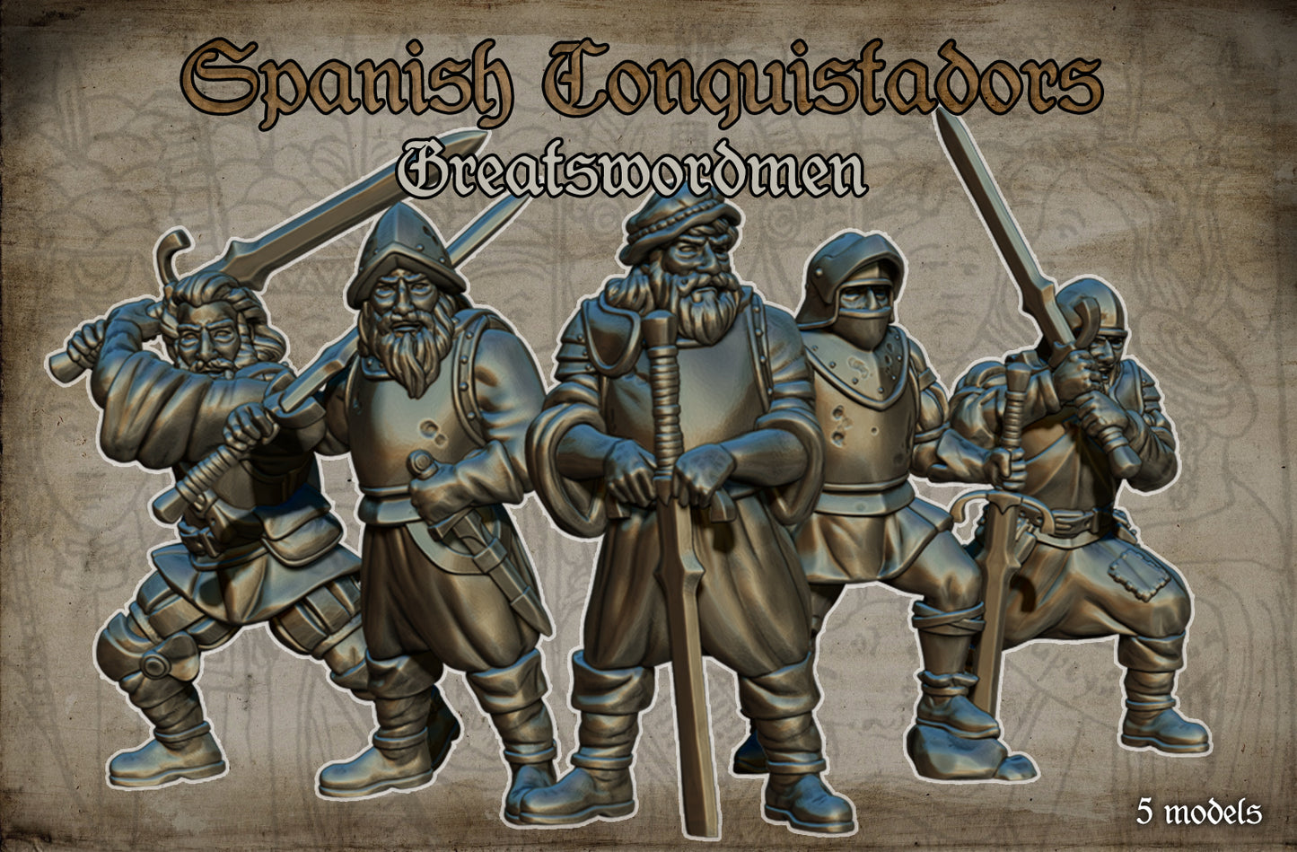 Spanish Conquistadors Greatswordsmen Historical and Fantasy Wargaming Sculpted by Red Copper Miniatures for Tabletop Games, Dioramas and Statues, Available in 15mm, 20mm, 28mm, 32mm, 54mm and 75mm Statue Scale