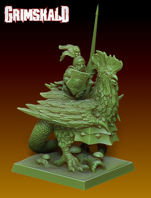 Male Halfling Lord with Lance and Shield Riding Cockatrice by Grimskald Games for Tabletop Games, Dioramas and Statues, Available in 15mm, 28mm, 32mm, 32mm heroic, 54mm and 75mm Statue Scale