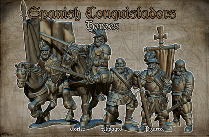 Spanish Conquistadors "heroes" Commanders on Foot and Mounted Historical and Fantasy Wargaming Sculpted by Red Copper Miniatures for Tabletop Games, Dioramas and Statues, Available in 15mm, 20mm, 28mm, 32mm, 54mm and 75mm Statue Scale