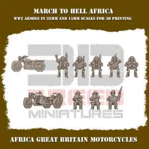 Commonwealth British WW2 Motorcycles and Sidecars 3DBreeds March to Hell Africa Range for Tabletop Games, Dioramas and Statues, Available in 12mm, 15mm, 20mm, 28mm, 32mm, 32mm heroic, 54mm and 75mm Statue Scale