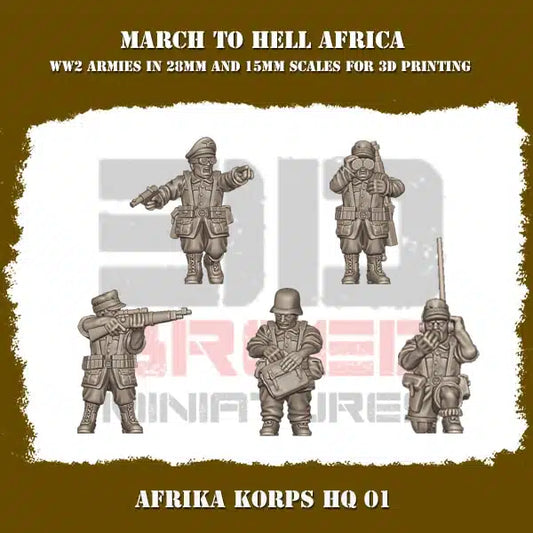 Afrika Korps Nazi Germany HQ Squad #1 Including Commanding Officer, Spotter, Radio and more! WW2 From 3DBreeds March to Hell Africa Range for Tabletop Games, Dioramas and Statues, Available in 12mm, 15mm, 20mm, 28mm, 32mm, 32mm heroic, 54mm and 75mm Scale