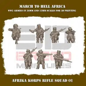 Afrika Korps Nazi German Rifle Squad #1 3DBreeds March to Hell Africa Range for Tabletop Games, Dioramas and Statues, Available in 12mm, 15mm, 20mm, 28mm, 32mm, 32mm heroic, 54mm and 75mm Statue Scale