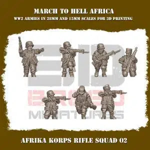 Afrika Korps Nazi German Rifle Squad #2 3DBreeds March to Hell Africa Range for Tabletop Games, Dioramas and Statues, Available in 12mm, 15mm, 20mm, 28mm, 32mm, 32mm heroic, 54mm and 75mm Statue Scale