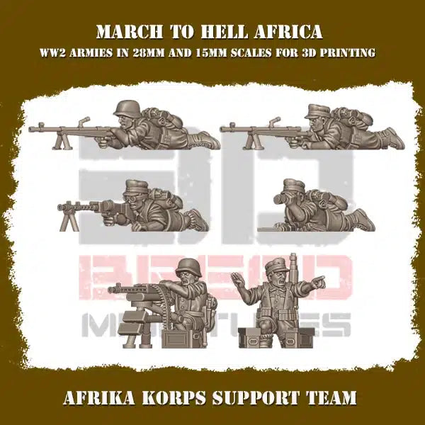 Afrika Korps Nazi Germany Heavy Support Machine Gun Team Squad of Six 3DBreeds March to Hell Africa Range for Tabletop Games, Dioramas and Statues, Available in 12mm, 15mm, 20mm, 28mm, 32mm, 32mm heroic, 54mm and 75mm Statue Scale