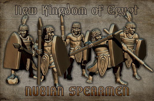New Kingdom of Egypt Nubian Spearmen for Historical and Fantasy Wargaming Sculpted by Red Copper Miniatures for Tabletop Games, Dioramas and Statues, Available in 15mm, 28mm, 32mm, 32mm heroic, 54mm and 75mm Statue Scale
