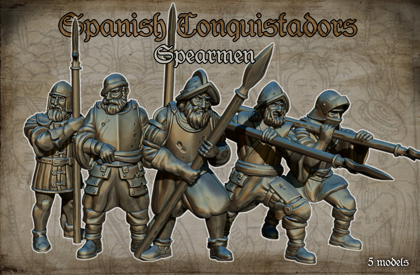 Spanish Conquistadors Spearmen Historical and Fantasy Wargaming Sculpted by Red Copper Miniatures for Tabletop Games, Dioramas and Statues, Available in 15mm, 20mm, 28mm, 32mm, 54mm and 75mm Statue Scale