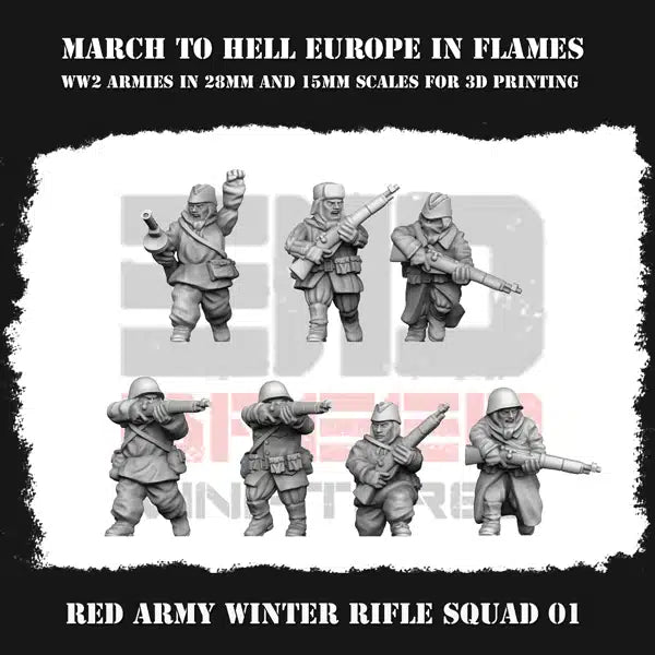 WW2 Red Army Winter Rifle Squad 1 - 3DBreeds March to Hell Range for Tabletop Games, Dioramas and Statues, Available in 12mm, 15mm, 20mm, 28mm, 32mm, 32mm heroic, 54mm and 75mm Statue Scale