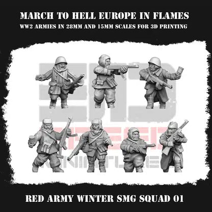 WW2 Red Army Winter SMG Squad 1 3DBreeds March to Hell Range for Tabletop Games, Dioramas and Statues, Available in 12mm, 15mm, 20mm, 28mm, 32mm, 32mm heroic, 54mm and 75mm Statue Scale