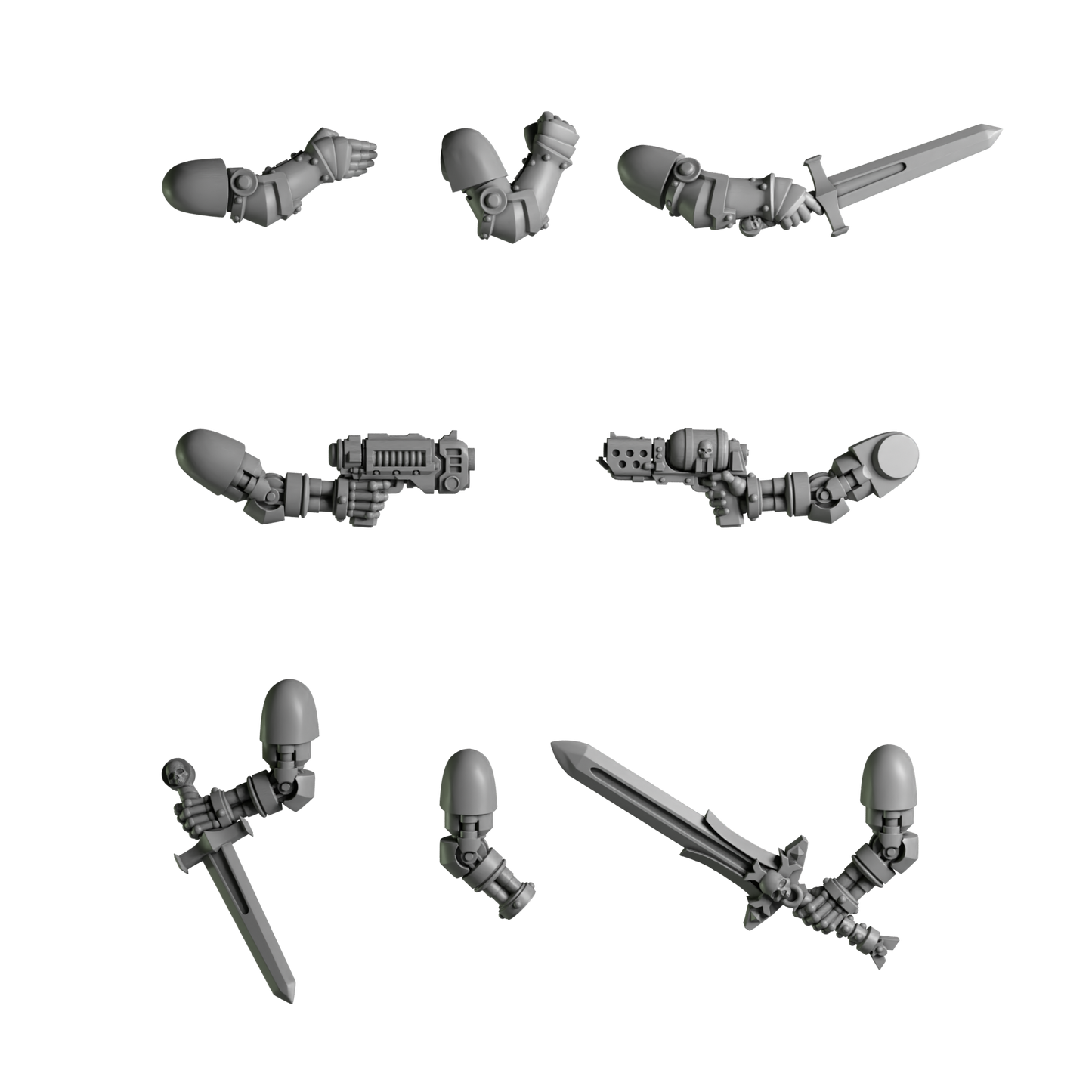 Extra Arms Pack of Eight Bionic Limbs For Sci Fi Battle Brother Space Warrior Marines Eternal Pilgrims by Greytide Studios. Available in Modern and Classic Scale for 28mm-32mm Tabletop Wargaming