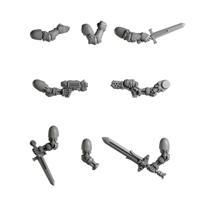 Extra Arms Pack of Eight Bionic Limbs For Sci Fi Battle Brother Space Warrior Marines Eternal Pilgrims by Greytide Studios. Available in Modern and Classic Scale for 28mm-32mm Tabletop Wargaming