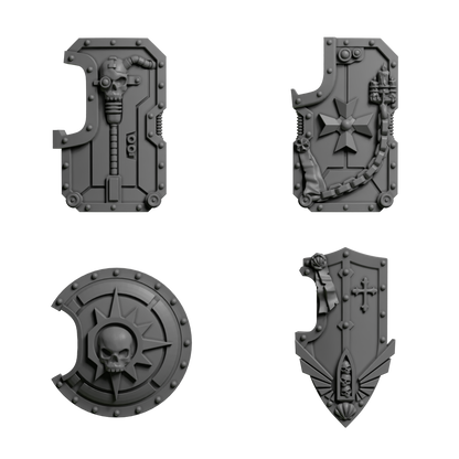 Breacher Shields Pack of Five in Four Different Styles For Sci Fi Battle Brother Space Warrior Marines Eternal Pilgrims by Greytide Studios. Available in Modern and Classic Scale for 28mm-32mm Tabletop Wargaming