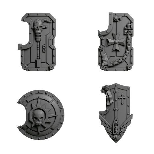 Breacher Shields Pack of Five in Four Different Styles For Sci Fi Battle Brother Space Warrior Marines Eternal Pilgrims by Greytide Studios. Available in Modern and Classic Scale for 28mm-32mm Tabletop Wargaming