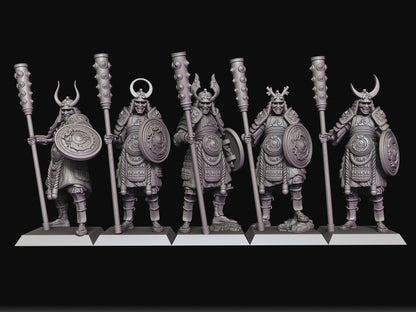 Shogun Guard Group of Five by Raven Twins Miniatures, Perfect for 28mm, 32mm and larger games! Undead Samurai Skeletons! Halberds and Shields