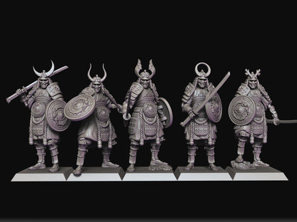 Shogun Guard Group of Five by Raven Twins Miniatures, Perfect for 28mm, 32mm and larger games! Undead Samurai Skeletons! Swords and Shields