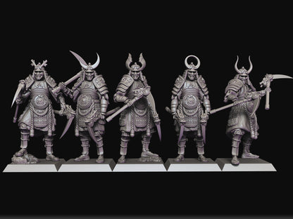 Shogun Guard Group of Five by Raven Twins Miniatures, Perfect for 28mm, 32mm and larger games! Undead Samurai Skeletons! Twin War Scythes