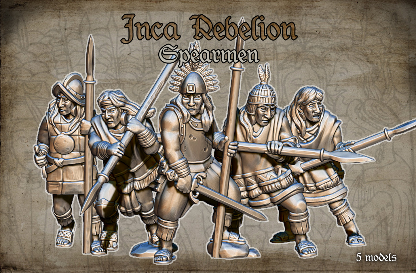 Inca Rebels Spearmen Historical and Fantasy Wargaming Sculpted by Red Copper Miniatures for Tabletop Games, Dioramas and Statues, Available in 15mm, 20mm, 28mm, 32mm, 54mm and 75mm Statue Scale