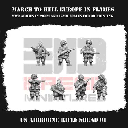 WW2 US Airborne Rifle Squad 01 3DBreeds March to Hell Range for Tabletop Games, Dioramas and Statues, Available in 12mm, 15mm, 20mm, 28mm, 32mm, 32mm heroic, 54mm and 75mm Statue Scale