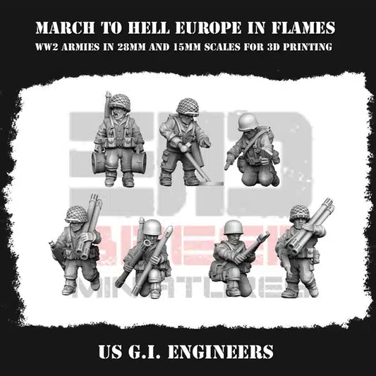 WW2 US Army GI Engineers From 3DBreeds March to Hell Range for Tabletop Games, Dioramas and Statues, Available in 12mm, 15mm, 20mm, 28mm, 32mm, 32mm heroic, 54mm and 75mm Scale