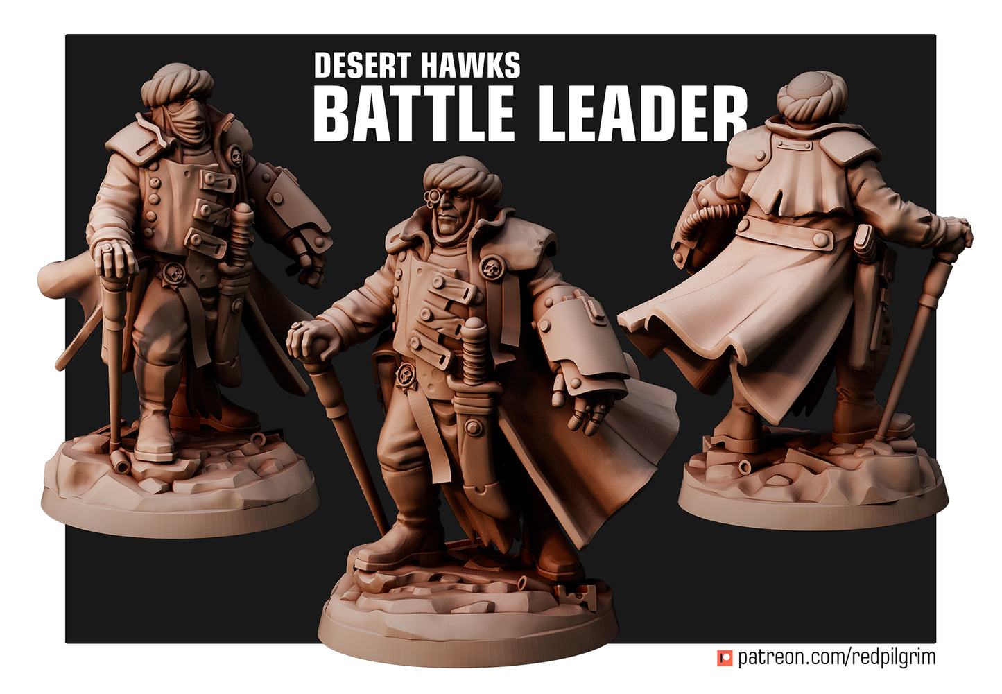 Desert Hawks Battle Leader Human Defense Force.  Available in 32mm, 54mm and 75mm Statue Scale for popular wargames.